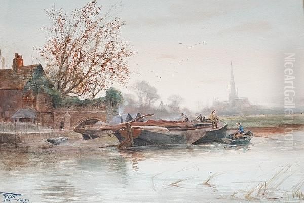 On The Broads; In The Shadow Of The Cathedral Oil Painting by Henry Charles Fox