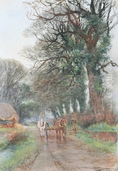 A Rural Scene With A Horsedrawn Cart And Drover On A Country Lane, Signed And Dated 1912 Oil Painting by Henry Charles Fox