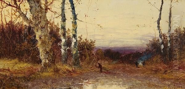 Wooded Country Lane With Figure, And Another Similar Oil Painting by Henry Charles Fox