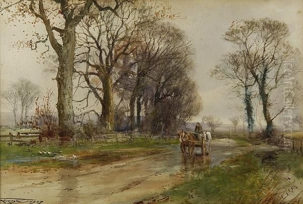 Country Lane With Farmer, Horse And Cart Oil Painting by Henry Charles Fox