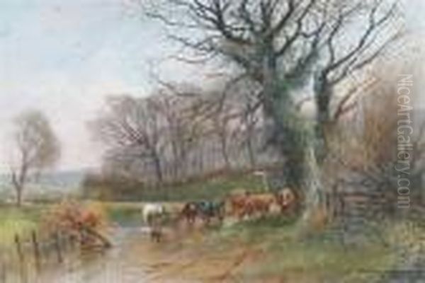 Cattle Watering Oil Painting by Henry Charles Fox