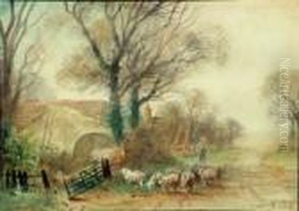 A Shepherd And Flock On A Country Lane Oil Painting by Henry Charles Fox