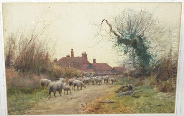 R.b.a. Country Landscape With 
Sheep On A Lane Approaching Cottages Signed And Dated 