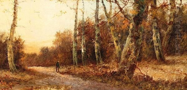 Wooded Country Lane With Figure, And Another Similar, A Pair, Both Oil Painting by Henry Charles Fox