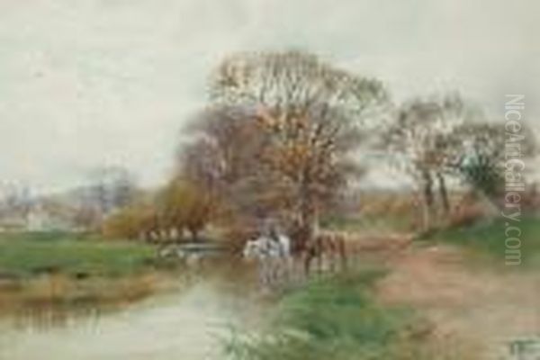 A Figure And Horses Crossing A River, A Village In The Distance. Oil Painting by Henry Charles Fox