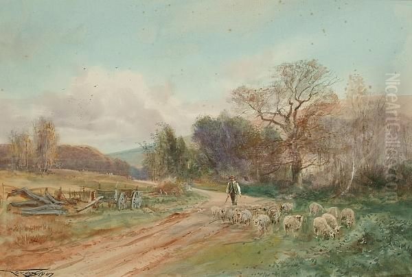 A Shepherd With His Flock Of Sheep On A Country Lane Oil Painting by Henry Charles Fox