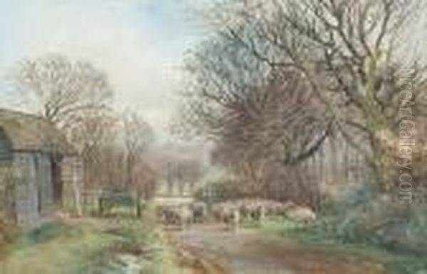 A Shepherd Driving His Flock Past A Barn Oil Painting by Henry Charles Fox