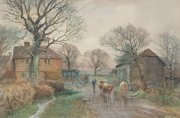 A Farmer With Cattle On A Farm Track Oil Painting by Henry Charles Fox