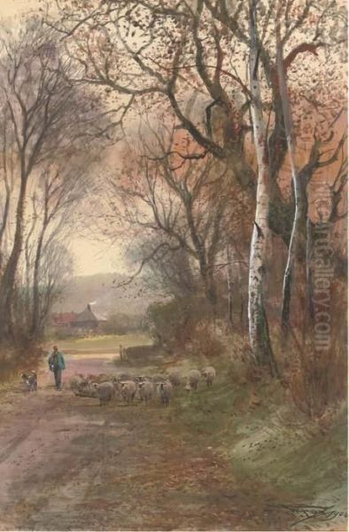 A Shepherd And His Flock Wandering Down A Rural Lane Oil Painting by Henry Charles Fox