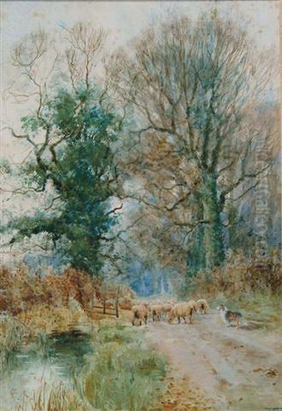 A Sheepdog And Sheep On A Country Road By An Open Gate Oil Painting by Henry Charles Fox