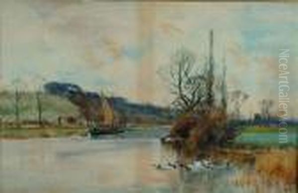 A River Landscape With Moored Sailing Vessel And Ducks In The Foreground Oil Painting by Henry Charles Fox