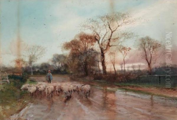 A Shepherd And Sheep On A 
Country Road Near Guildford, Surrey; A View Of The River Near Teddington
 On Thames Oil Painting by Henry Charles Fox