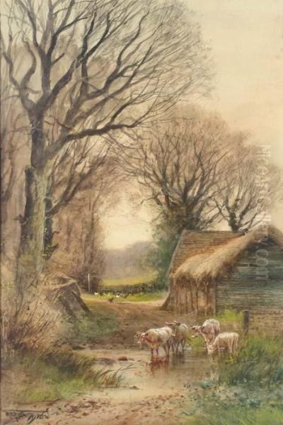 Cattle Watering By A Barn Oil Painting by Henry Charles Fox