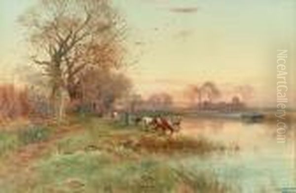 Cattle Watering At Sunset, A Village In The Distance Oil Painting by Henry Charles Fox