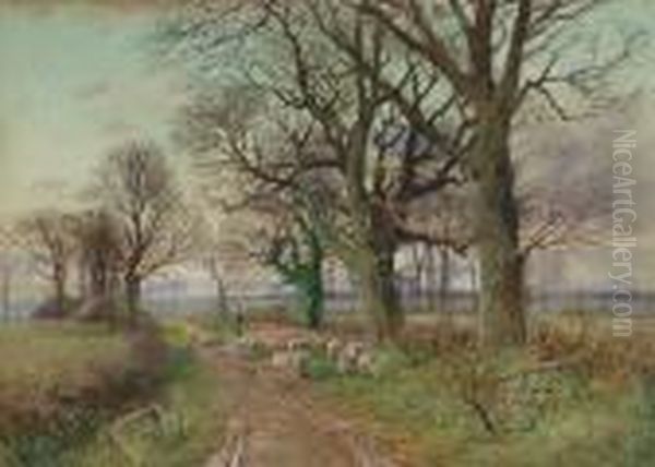 A Shepherd Driving A Flock Of Sheep Along A Country Lane Oil Painting by Henry Charles Fox