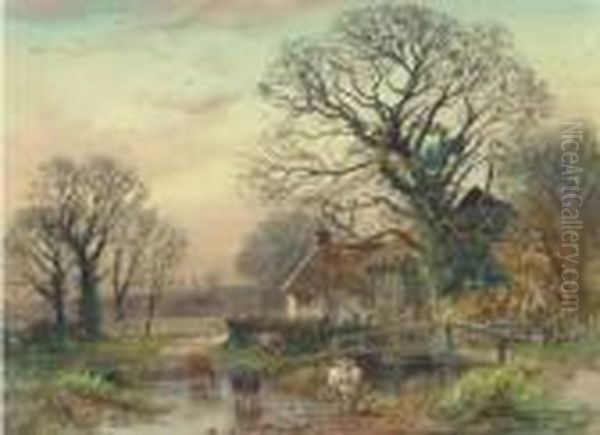 Cattle Crossing A Ford At Fordingbridge, Hampshire Oil Painting by Henry Charles Fox