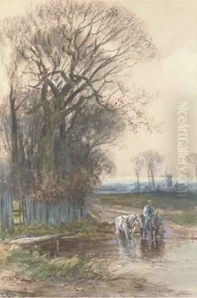 The Plough Team Watering At The Ford Oil Painting by Henry Charles Fox