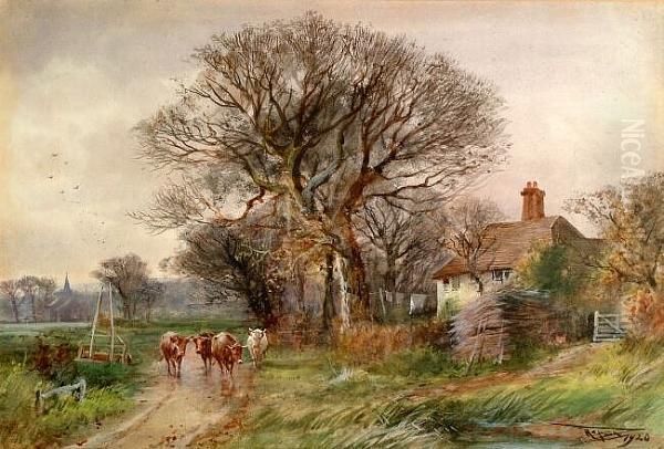 Cattle Returning Home On A Wintry Day, Signed And Dated 1920, Watercolour Oil Painting by Henry Charles Fox