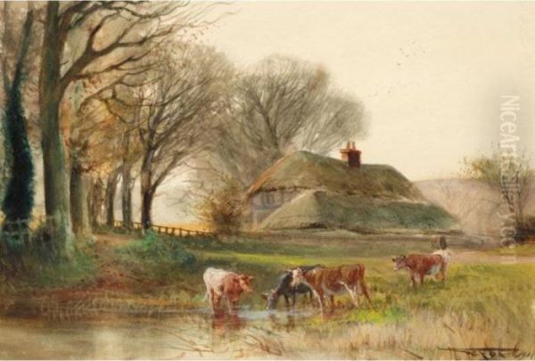 Near Arundel, Sussex; The Ferry On The River Arun Oil Painting by Henry Charles Fox