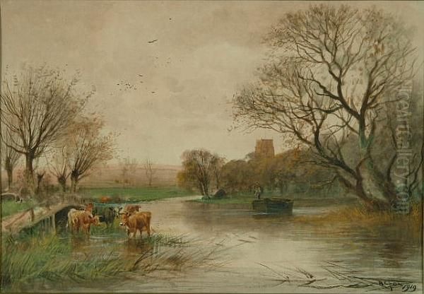 Cattle Watering In The Thames With Punt And Church Beyond Oil Painting by Henry Charles Fox