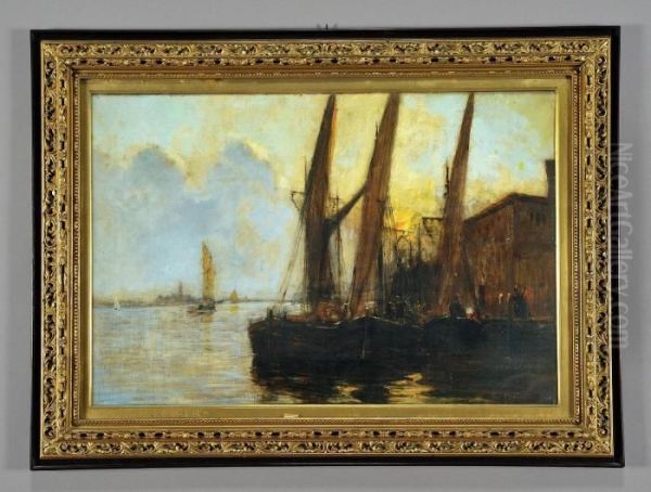 Barche In Leguna Al Tramonto Oil Painting by Pietro Fragiacomo