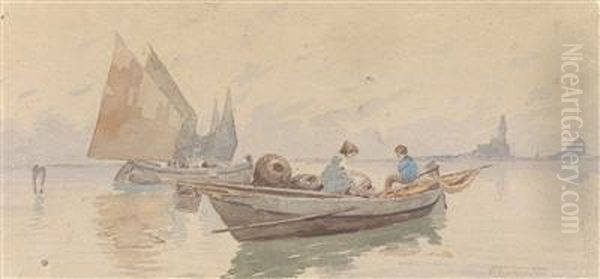 Fishingboats In Venice Oil Painting by Pietro Fragiacomo