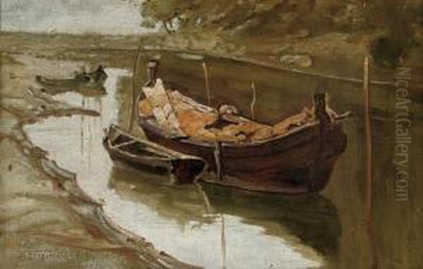 A Mooring On The River Oil Painting by Pietro Fragiacomo