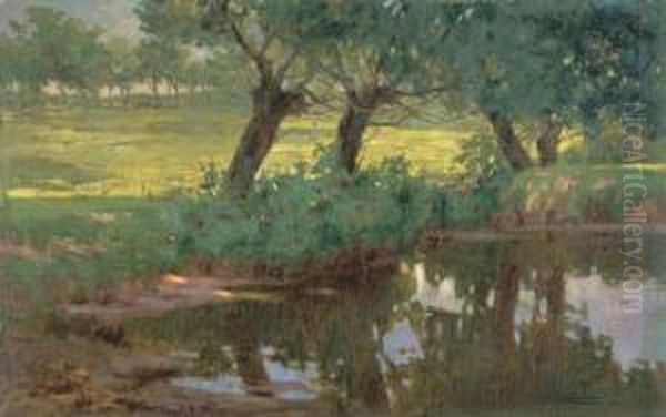 A Quiet Pond Oil Painting by Pietro Fragiacomo