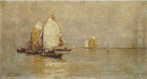 Barche In Laguna, 1890 Circa Oil Painting by Pietro Fragiacomo