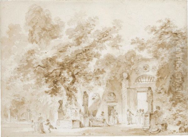 A Park, With Many Figures Walking Among Egyptian Sculptures Oil Painting by Jean-Honore Fragonard