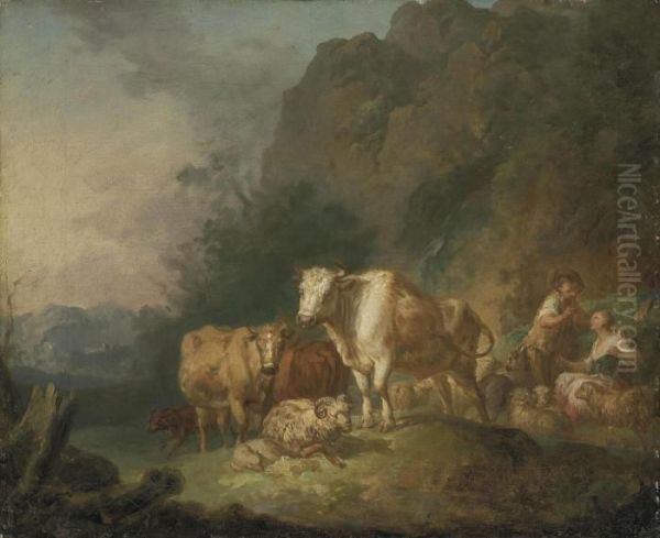 A Shepherd And Shepherdess Resting With Their Herd, A Mountainous Landscape Beyond Oil Painting by Jean-Honore Fragonard