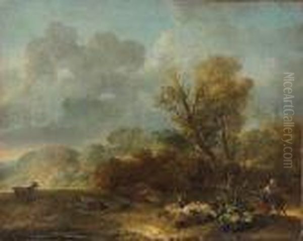 A Landscape With Figures And Donkeys In The Foreground Oil Painting by Jean-Honore Fragonard