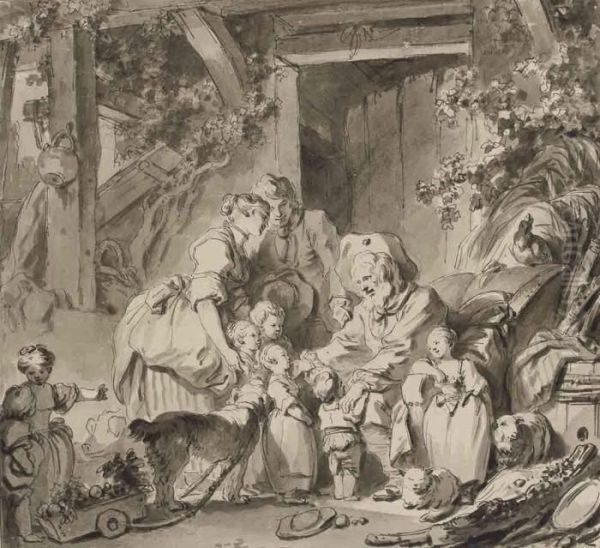 La Visite Au Grand-pere With Inscription 'fragonard' Oil Painting by Jean-Honore Fragonard