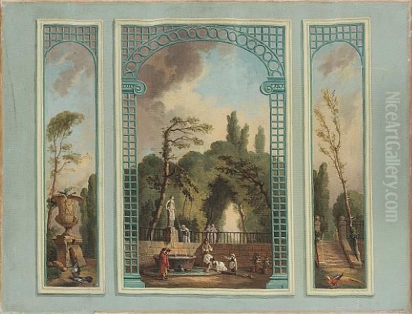 A Tromp L'oeil Showing Figures By Afountain Oil Painting by Jean-Honore Fragonard