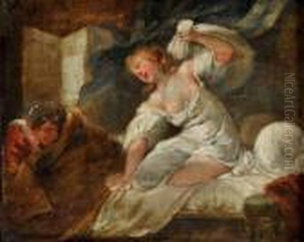 Jeune Femme Frappant De Son Oreiller Un Garconnet Dit La Resistanceinutile Oil Painting by Jean-Honore Fragonard