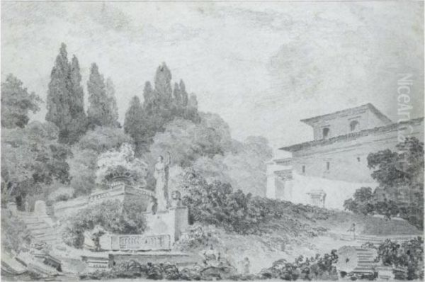 View In The Garden Of An Italian Villa, With Antique Statues Andwasherwomen Oil Painting by Jean-Honore Fragonard