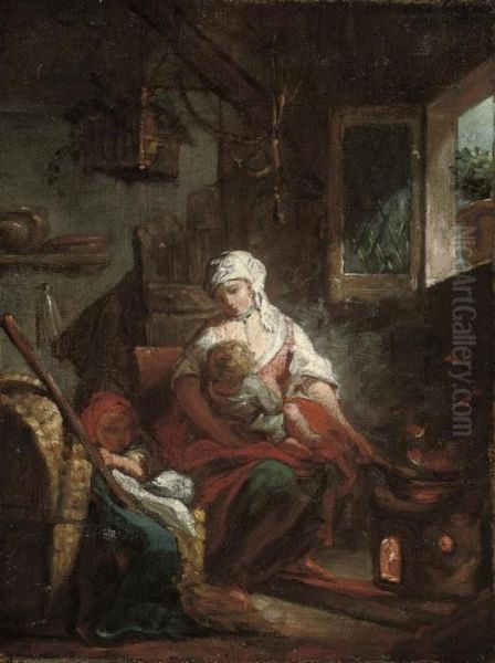 A Mother With Two Children In An Interior Oil Painting by Jean-Honore Fragonard