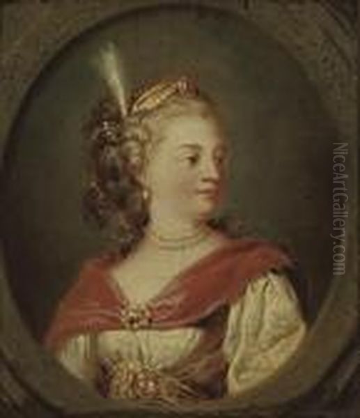 Portrait Of A Lady, Bust-length,
 In A White Dress And Red Wrap, Anda Plumed Headdress, In A Feigned Oval Oil Painting by Jean-Honore Fragonard