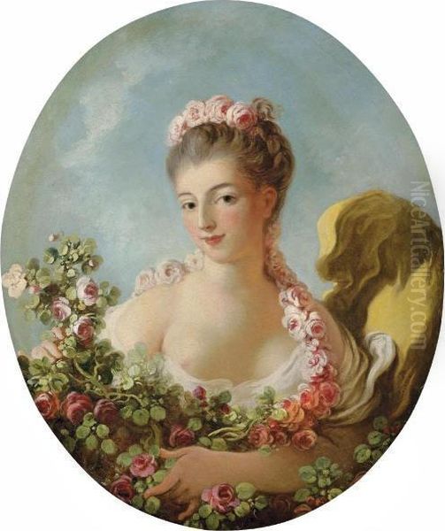 Young Woman With A Garland Of Roses (said To Be Adeline Colombe) Oil Painting by Jean-Honore Fragonard