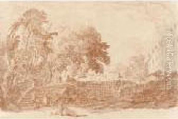 Figures In A Wooded Park, A Lady With A Wheelbarrow In The Foreground Oil Painting by Jean-Honore Fragonard