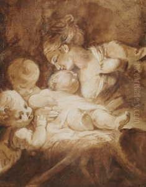 Junge Frau, Im Begriff, Ein Kind Zu
Stillen, Und Zwei Kleinkinder (madonna Mit Kind
 Und Zwei Engeln ?). Oil Painting by Jean-Honore Fragonard