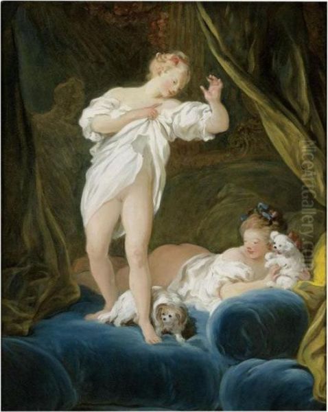 Two Girls On A Bed Playing With Their Dogs Oil Painting by Jean-Honore Fragonard