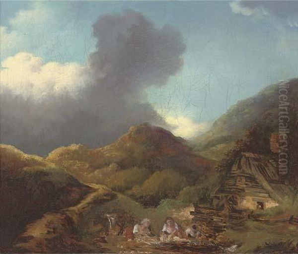 A Mountainous Landscape With Washerwomen At A River By A Cottage Oil Painting by Jean-Honore Fragonard