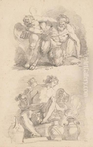 Cupid Fighting A Satyr And 
Mercury Seated On A Throne Lifting The Lid Of An Urn, After The Old 
Masters Oil Painting by Jean-Honore Fragonard