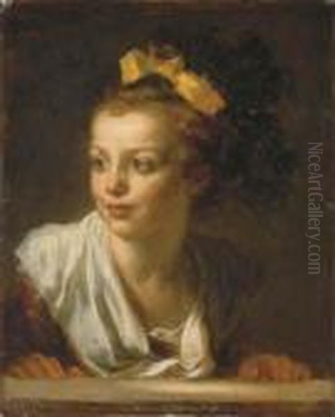 A Young Girl Leaning On A Window Ledge Oil Painting by Jean-Honore Fragonard