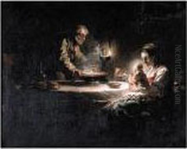 Interior With A Family Seated Around A Table Having Supper, Probably The Holy Family Oil Painting by Jean-Honore Fragonard