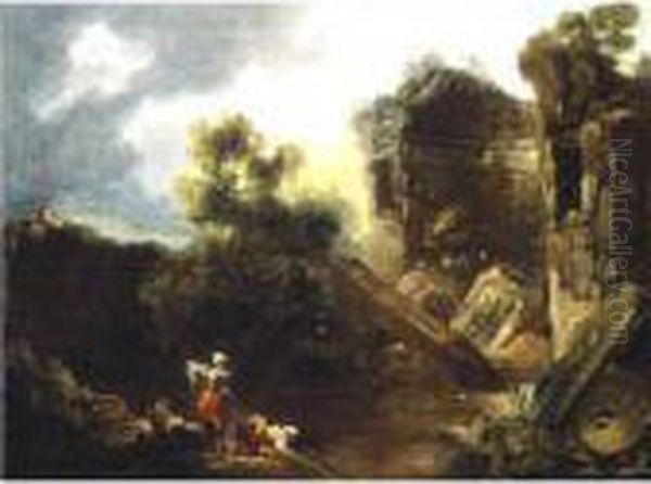 Laundresses By A River With Roman Ruins Beyond Oil Painting by Jean-Honore Fragonard