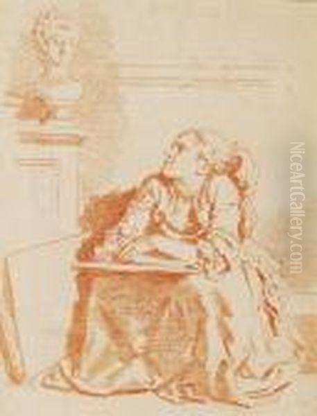 Seated Girl, Leaning With Folded
 Arms On A Sketchbook, Gazing Up At A Female Bust On A Mantlepiece, A 
Portfolio Propped Up At Her Side Oil Painting by Jean-Honore Fragonard