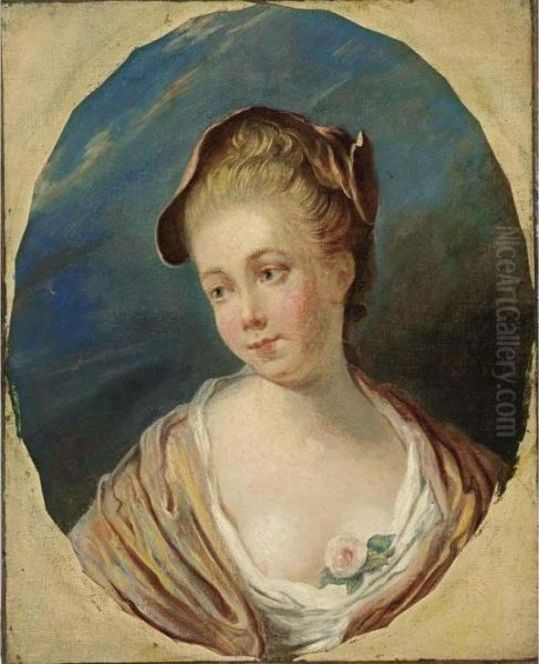 A Young Lady, Bust Length, 
Wearing A White Dress With A Rose, A Pink Shawl And Headdress, In A 
Painted Oval Oil Painting by Jean-Honore Fragonard