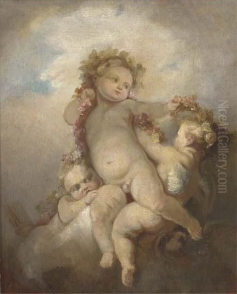 Three Putti Playing With A Garland Of Flowers Oil Painting by Jean-Honore Fragonard